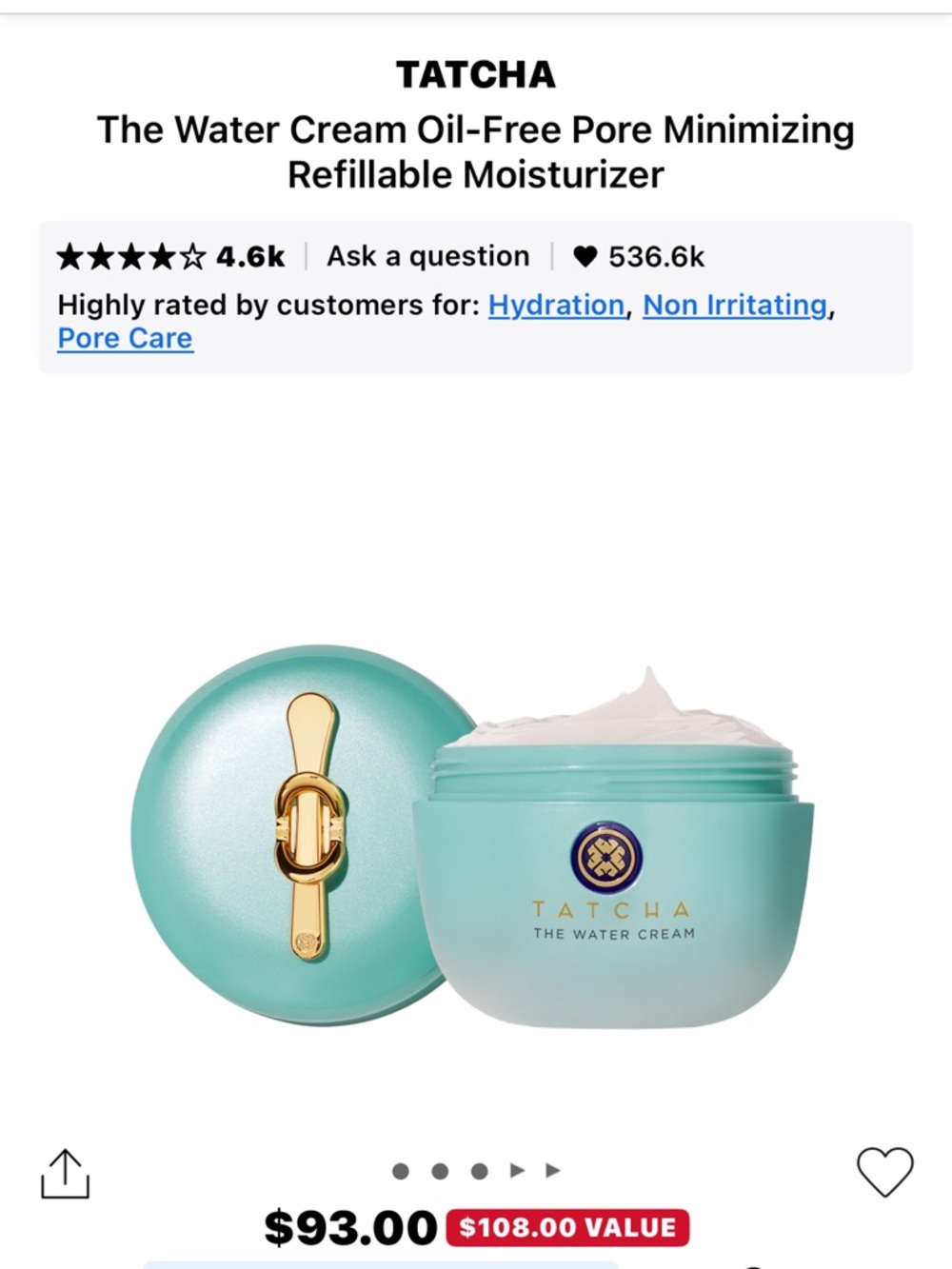 Tatcha water cream oil free pore minimizing - Picture 2 of 8